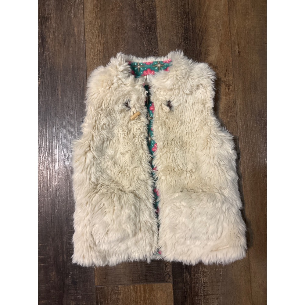 Matilda Jane Girls Reversible Faux Fur Vest Teal Pink Floral Quilted Cream 8
